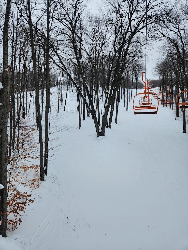 Nubs Nob Ski Area in USA - a ski slope with trees and snow on the ground.