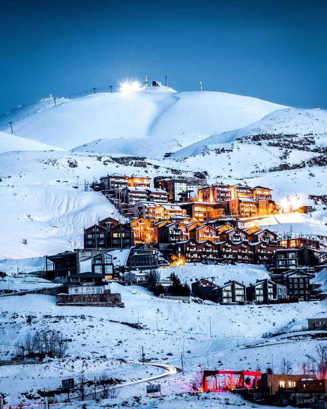 Mzaar Kfardebian in Lebanon: a ski resort in the mountains at night.