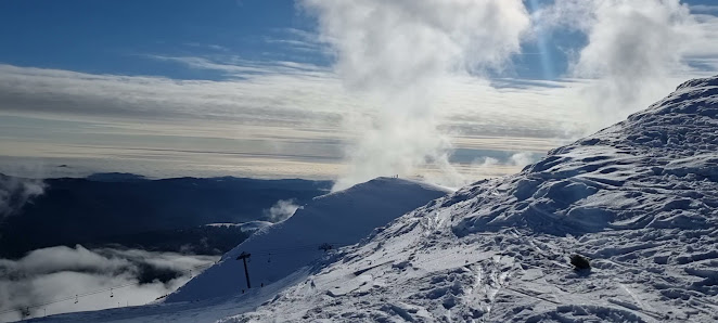 A skier glides down a snowy mountain in Sinaia Prahova Romania. A cozy chalet and expansive ski resort lie nestled among the towering snow-capped peaks.