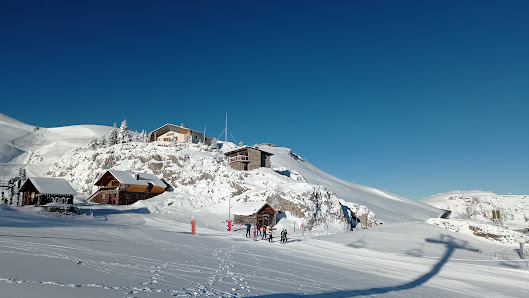 A scenic view of Sinaia ski resort in Romania, featuring a picturesque mountain hut and chalet. The winter sports centre is alive with activities, showcasing a vibrant winter sports scene.