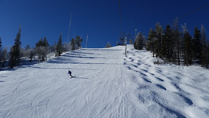 A skier enjoying a ride down a slope at La Pierre Saint Martin Ski Resort in France. Visible are a ski lift, a chalet and a vibrant winter sports scene.