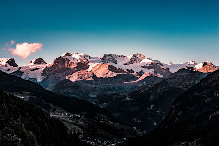 View of Terry Peak including a mountain a chalet and a ski resort showing a quintessential snowy winter scene in Lead South Dakota USA.
