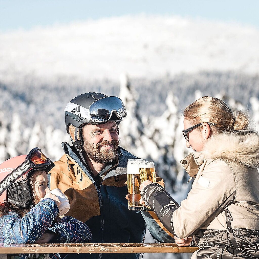 A winter sports scene at Hochficht ski resort in Mühlviertel, Upper Austria. A skier and a family enjoy their time skiing amidst the snowy landscape with a charming chalet in the background.