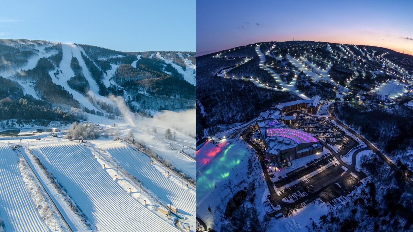 Camelback in USA: an aerial view of a ski resort and a ski resort at night.