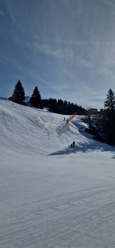 A skier enjoying a winter day at the Sant Bernardino Pian Cales ski resort in Eastern Switzerland with quaint chalets nestled in the snowy landscape.