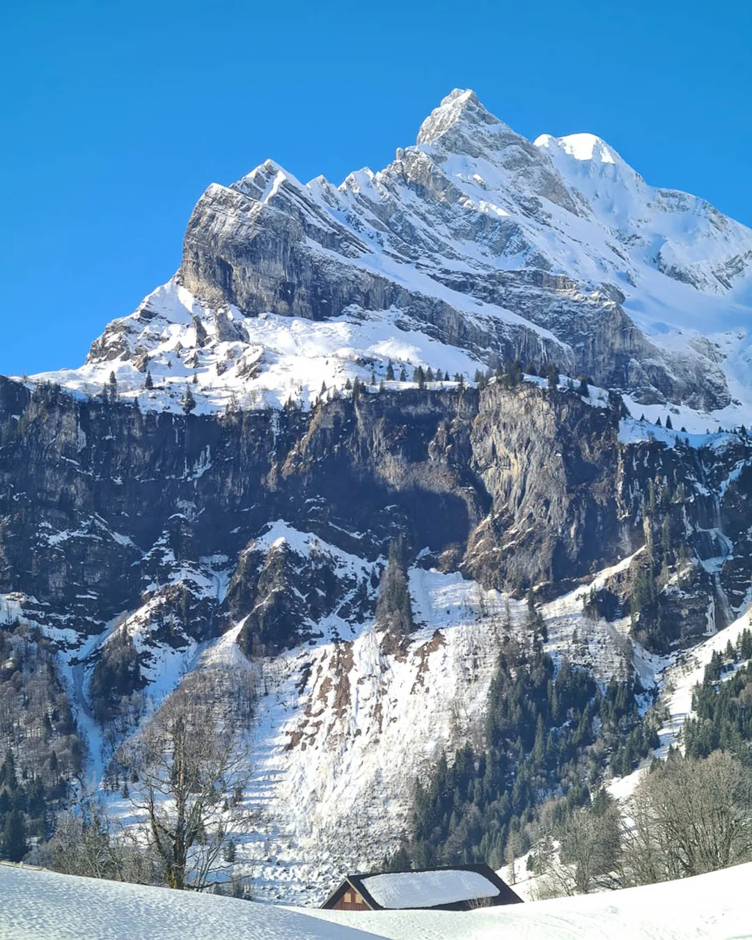 Braunwald in Switzerland - a snow covered mountain with a house in the fore.