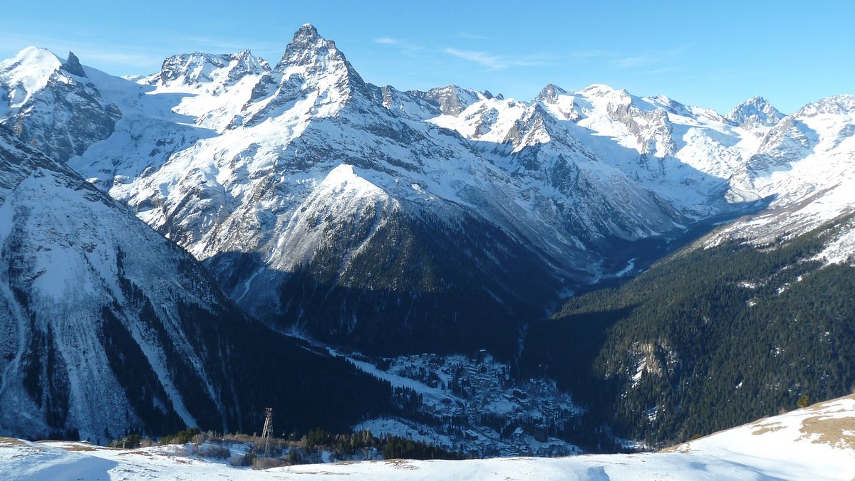 Dombai in Russia - the view from the top of a snowy mountain.