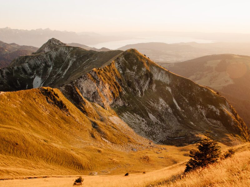 View of the scenic Moléson mountain in Gruyères, Switzerland on a sunny day. A mountain biker is enjoying the breathtaking landscape. A charming chalet is nestled in the foreground, adding to the idyllic scene.