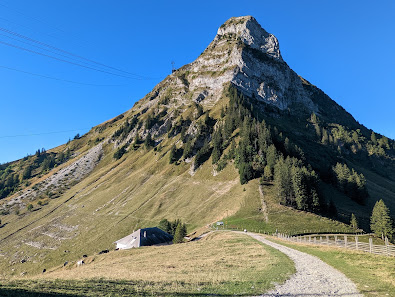 View of Moléson mountain in Fribourg, Switzerland, showcasing a challet and a mountain hut nestled among the peaks. There's a hint of a ski resort and a mountain bike in the picturesque scene.