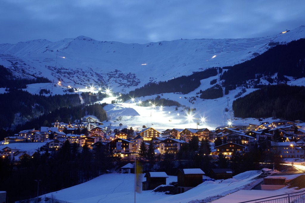 Serfaus Fiss Ladis in Austria: a view of the ski resort at night.