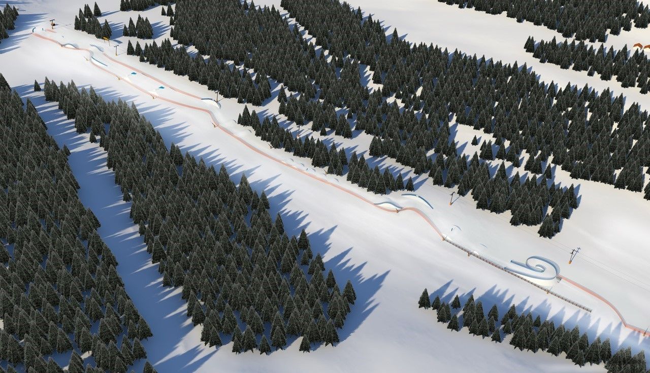 Präbichl in Austria - an aerial view of a ski course in the snow.