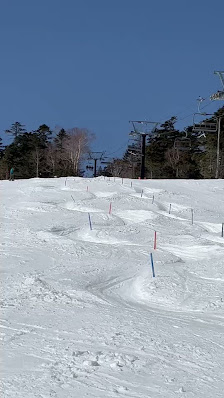 A skier descends a snow-covered slope at The Highlands at Harbor Springs ski resort in Michigan, USA, with a ski lift faintly visible in the background.