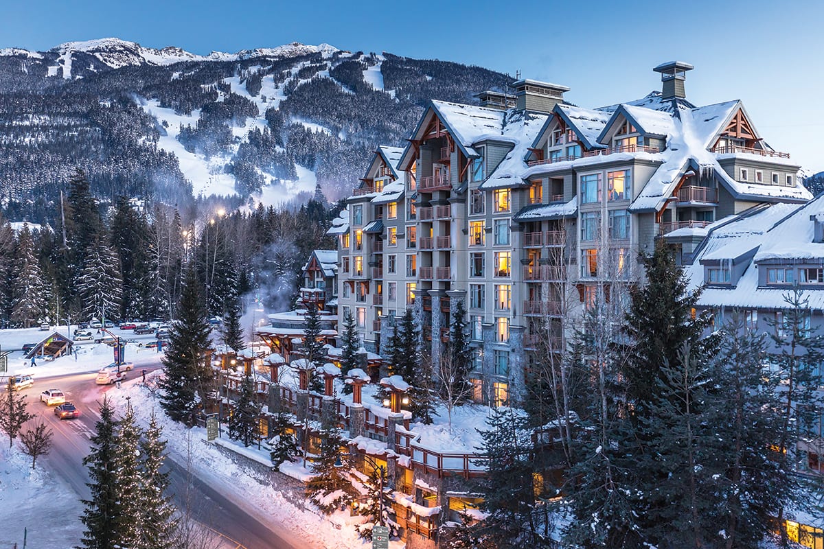 Whistler Blackcomb in Canada: a hotel in the mountains at night.