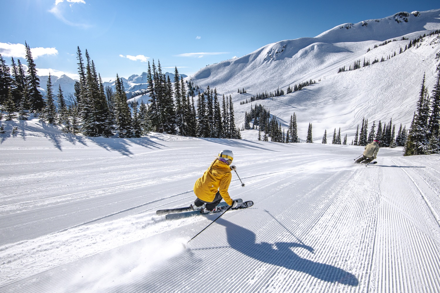 Whistler Blackcomb in Canada - a man riding skis down a snow covered slope.