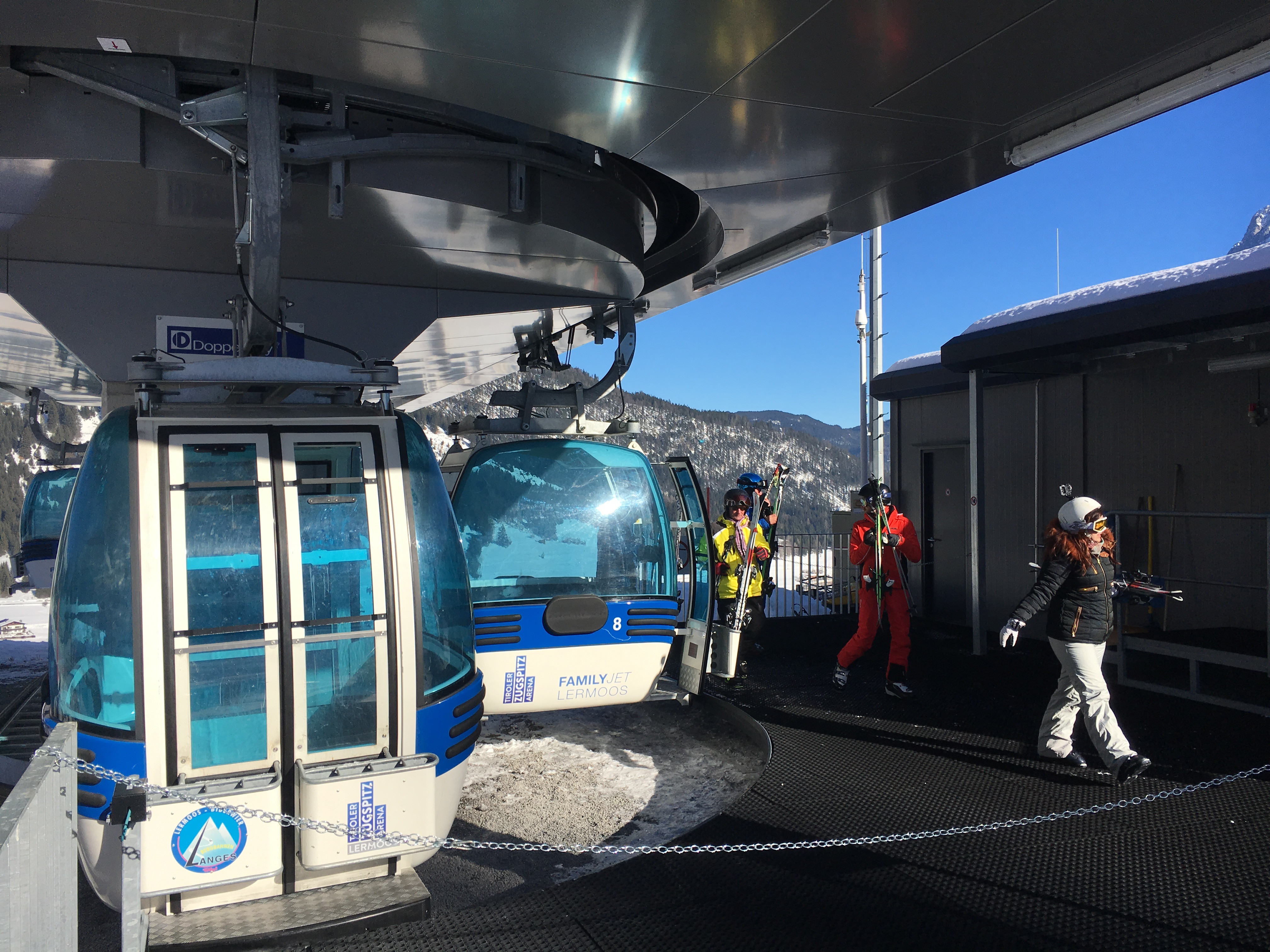 Grubigsteinbahnen Lermoos in Austria - a blue and white cable car.