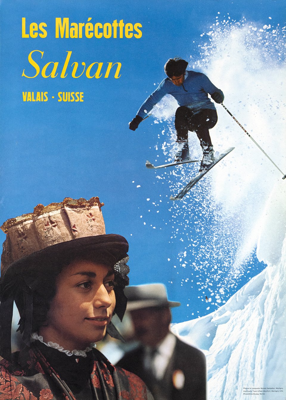 Les Marécottes in Switzerland - a magazine cover with a skier in the air.