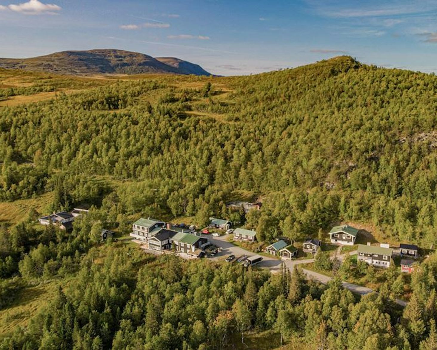 Tänndalen in Sweden - an aerial view of the lodges in the scottish highlands.