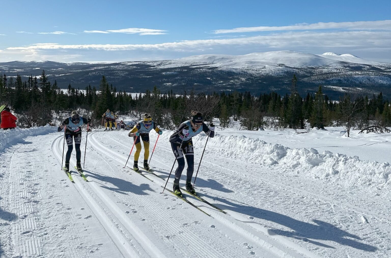 Lofsdalen in Sweden - a group of people skiing down a snow covered hill.