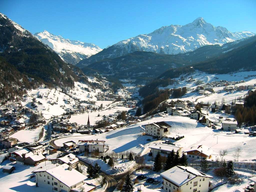 Sölden in Austria - a snowy village in the mountains.