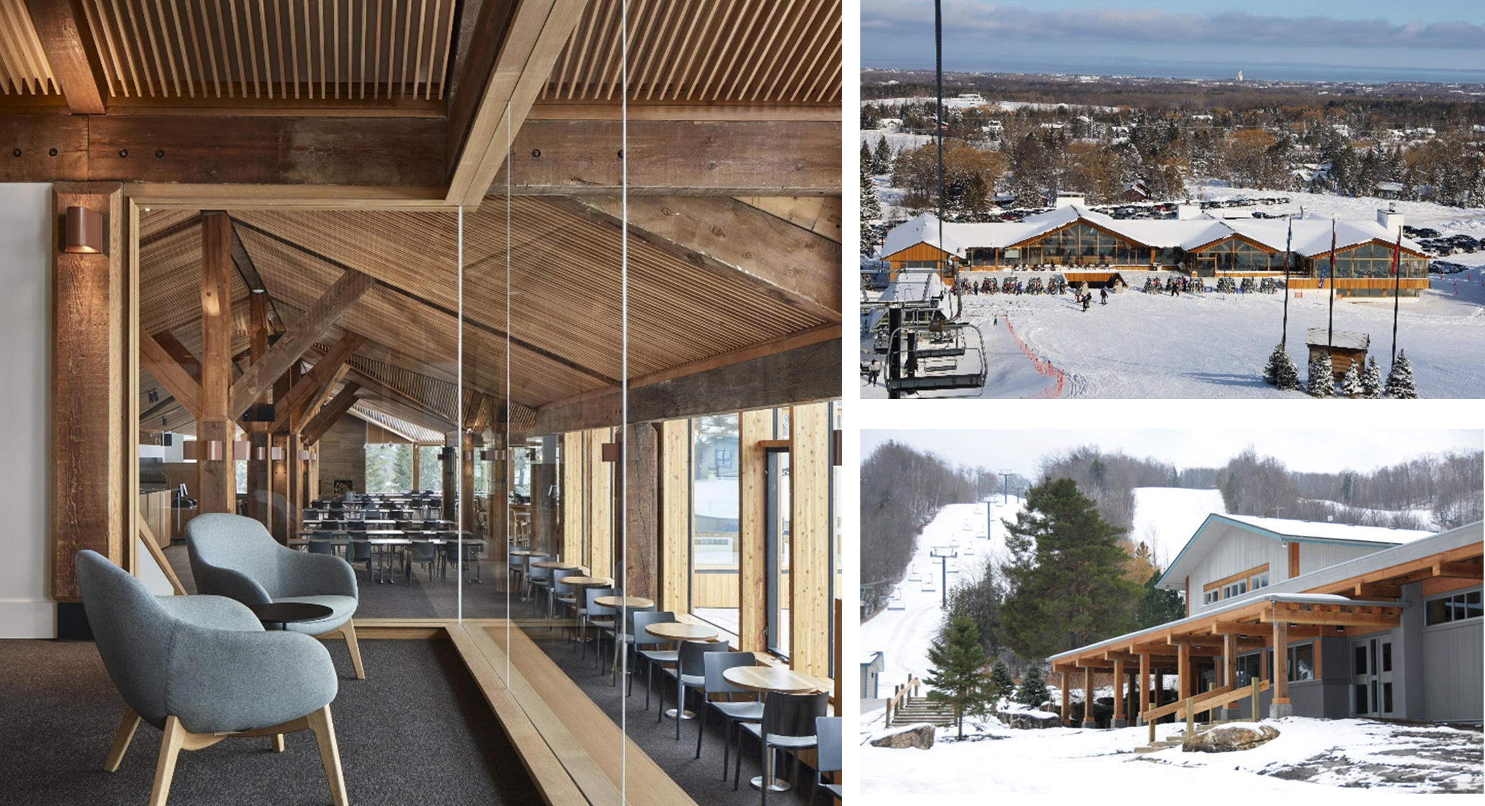 Osler Bluff Ski Club in Canada - the interior and exterior of a ski lodge.