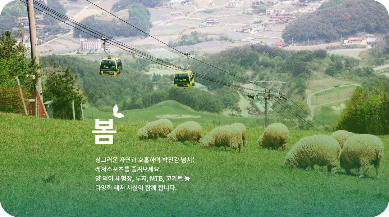 Ski lift ascending over a stunning winter landscape at Welli Hilli Park, South Korea. Bright sunshine illuminates a chalet and the ski resort amidst the snowy vista.
