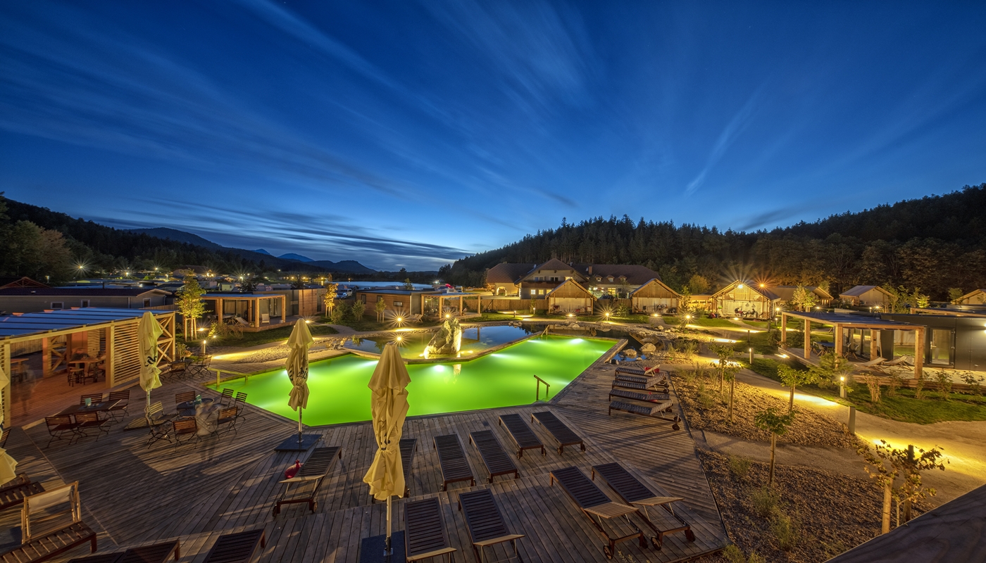 Petzen in Austria - a view of a swimming pool at night.