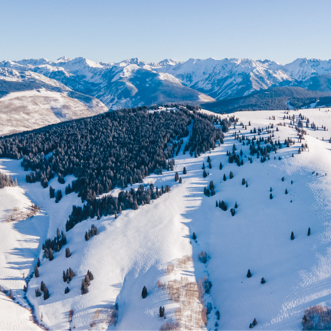 Vail in USA - an aerial view of the mountains in winter.