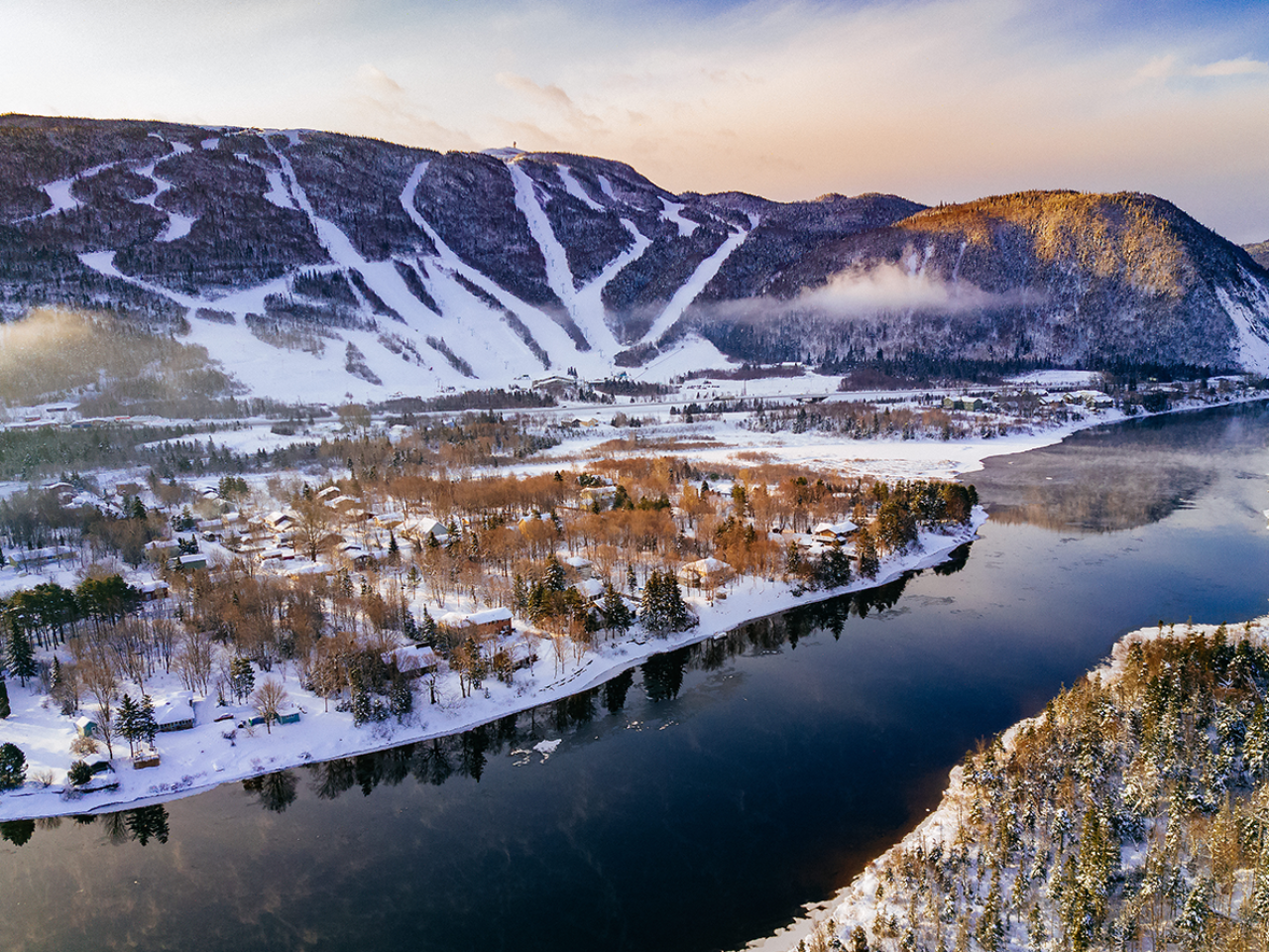 Marble Mountain in Canada - an aerial view of a small town in the mountains.