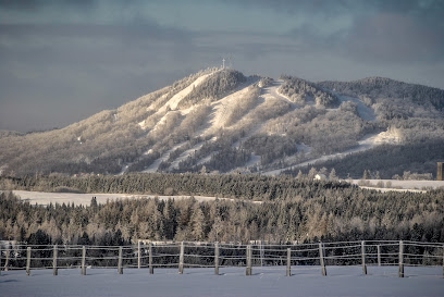 Winter scene at Mont Orignal in Quebec, featuring a snowy mountain landscape bustling with winter sports enthusiasts.