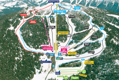 Image of Sciovie Verena, a bustling ski resort in Vicenza, Italy featuring a stunning chalet, a ski lift, and patrons engaging in various winter sports.