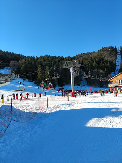 Image of a lively winter sports scene at La Dôle | Les Tuffes in France featuring a bustling ski resort a charming chalet amidst the snowy landscape and a ski lift disappearing into the distance.