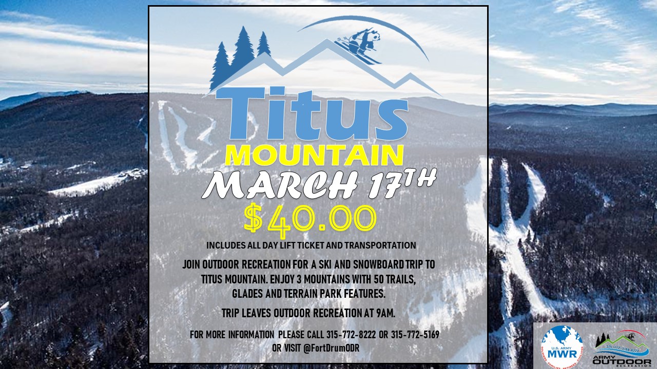 Titus Mountain in USA - a flyer for a ski event with a mountain in the background.