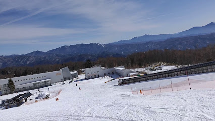 Skiing scene at Kaida Kogen Mia ski resort in Chūbu, Nagano, Japan, with a view of a magnificent snowy mountain in the background.