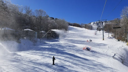 Winter scene at Sugar Mountain ski resort in North Carolina, featuring a skier making their way down the snow-covered slopes with a cozy chalet and sports center in the background.