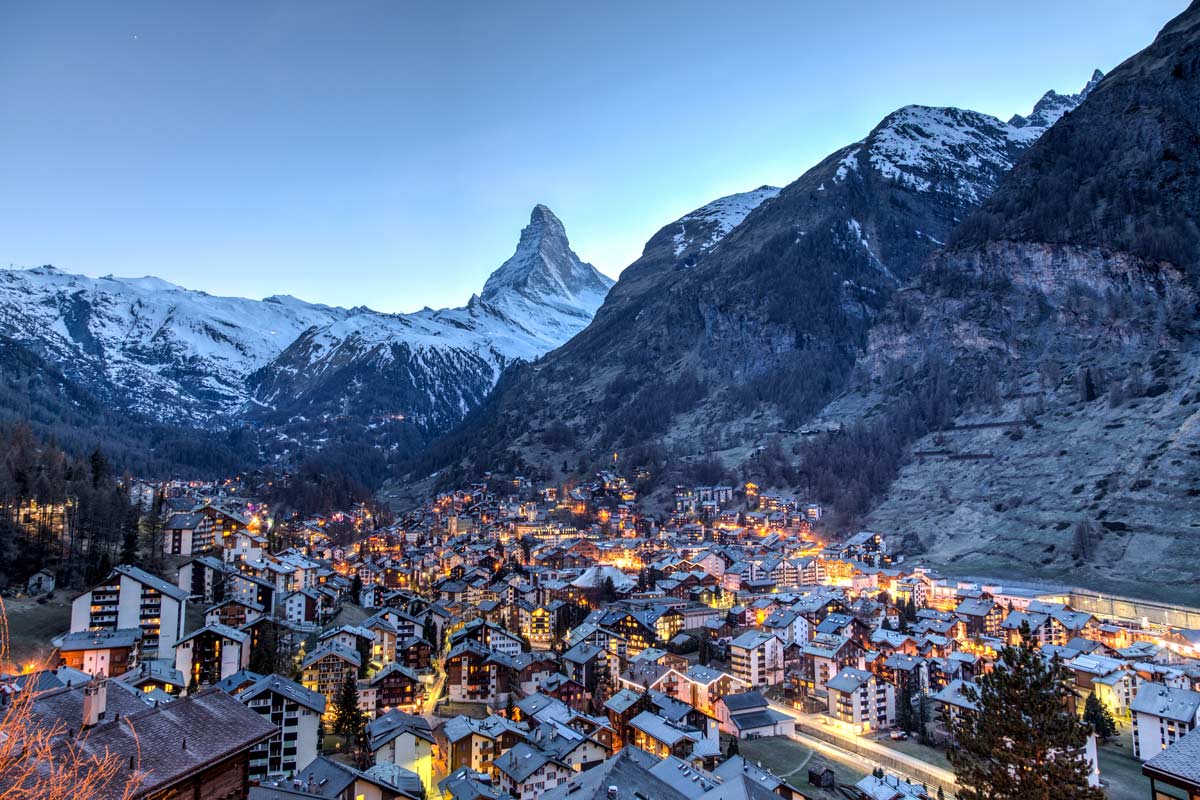 Zermatt Ski Resort in Switzerland - a snow covered village in the french alps.