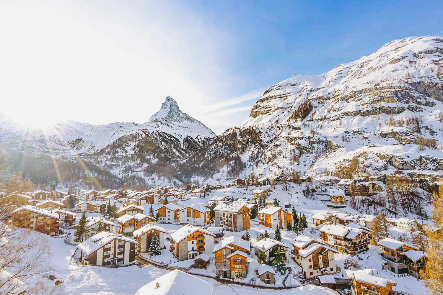 Zermatt Ski Resort in Switzerland - a snow covered village in the french alps.