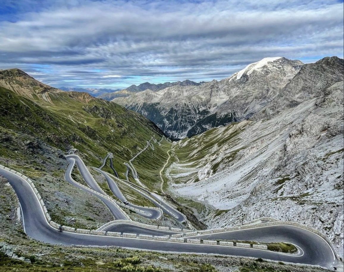 Passo dello Stelvio in Italy - a winding mountain road in the italian alps.