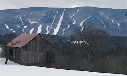 A picturesque view of Magic Mountain in Londerry Vermont featuring a snowy mountain peak busy winter sports scene on the snow-covered slopes and a small chalet nestled in the distance.