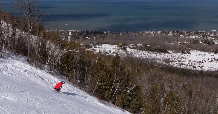 Alpine Ski Club – Collingwood in Canada - a person skiing down a mountain with a lake in the background.