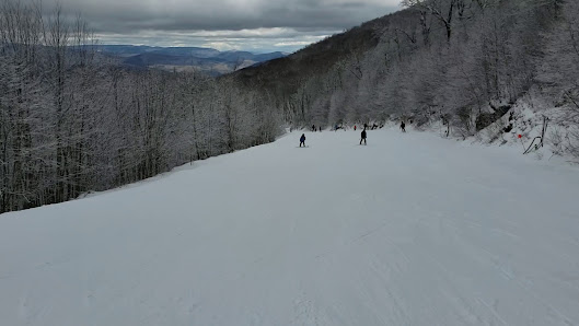 Scenic view at Belleayre Mountain Catskills featuring a lively winter sports scene with a skier gliding down the slope mountains in the background and a charming chalet nearby.