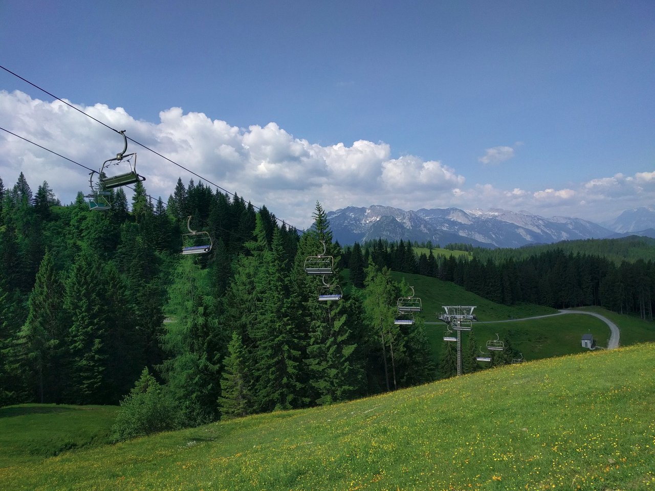 Arnoldstein Dreiländereck in Austria - a view of the mountains from a ski lift.