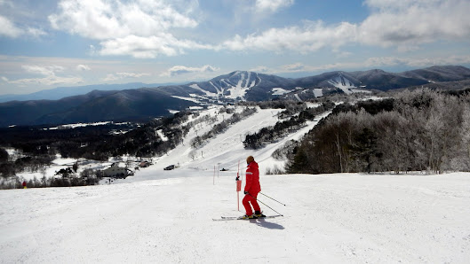 A skier and a snowboarder enjoying a winter day at Sugadaira Kogen Taro, a ski resort nestled in the snowy mountains of Honshu, Japan, with a ski lift in the distance.
