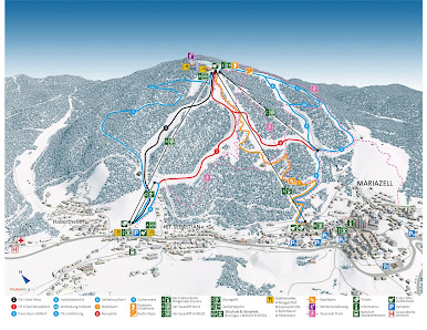 A skier navigating snow-covered slopes at the Bürgeralpe – Mariazell ski resort in Styria, Austria, with a ski lift visible in the background, highlighting a vibrant winter sports scene.