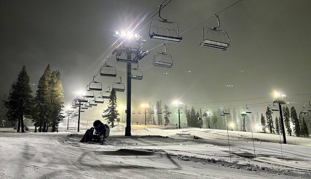 Boreal Mountain California in USA - a snow covered ski slope at night.