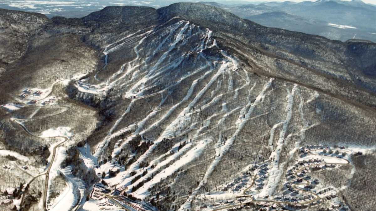 Mont Sutton in Canada: an aerial view of a ski resort in the mountains.