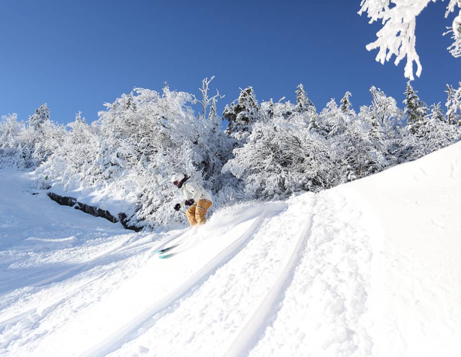 Winter sports enthusiasts enjoy the snowy slopes at Mont Sutton ski resort in Sutton, Quebec, Canada, surrounded by a breathtaking winter landscape.