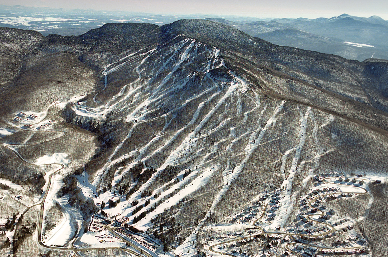 Mont Sutton in Canada - a view of a ski area from the air.