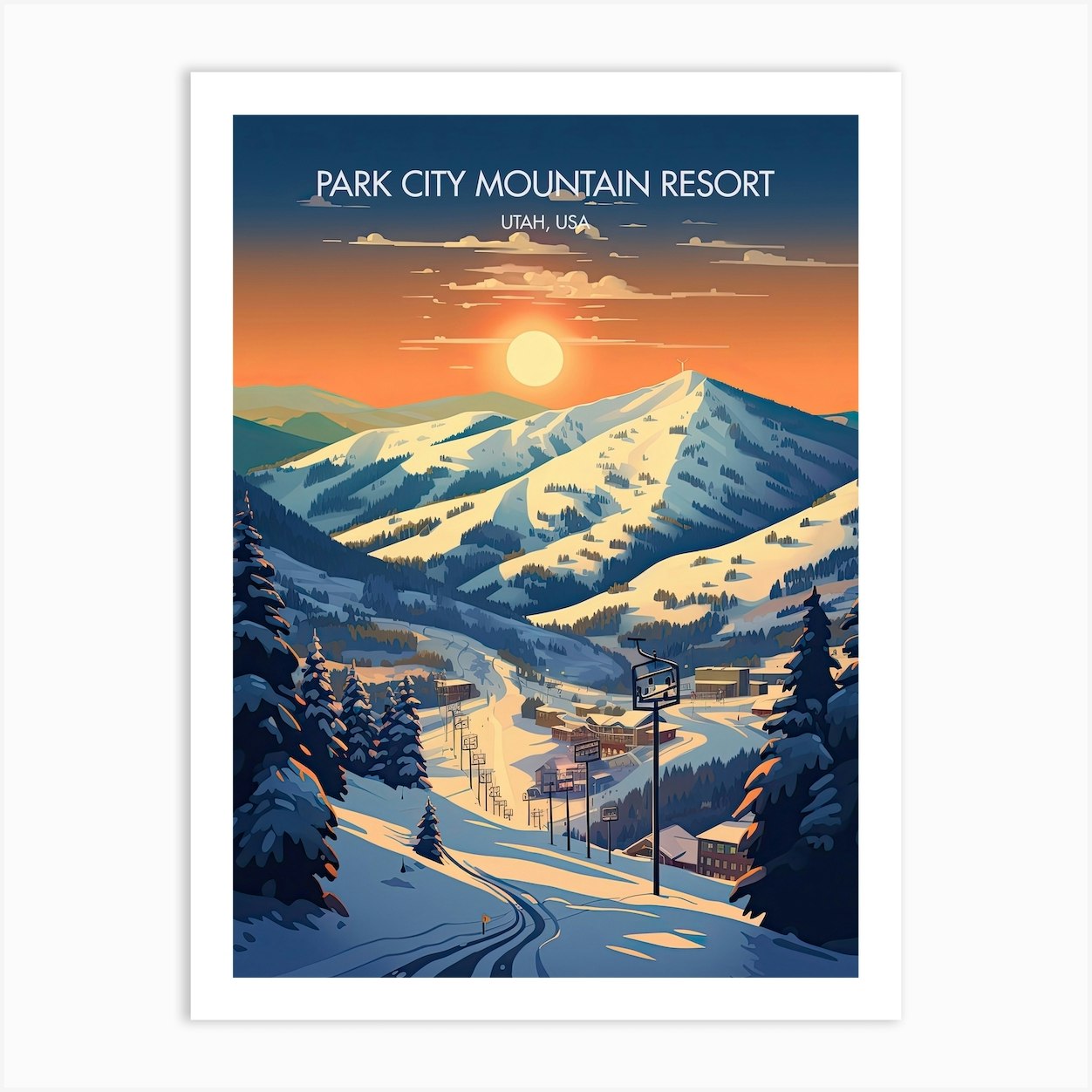Park City Mountain in USA: a poster of a ski resort in the mountains.