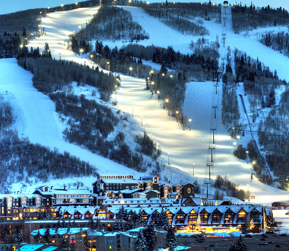 Park City Mountain in USA: a view of a ski resort at night.