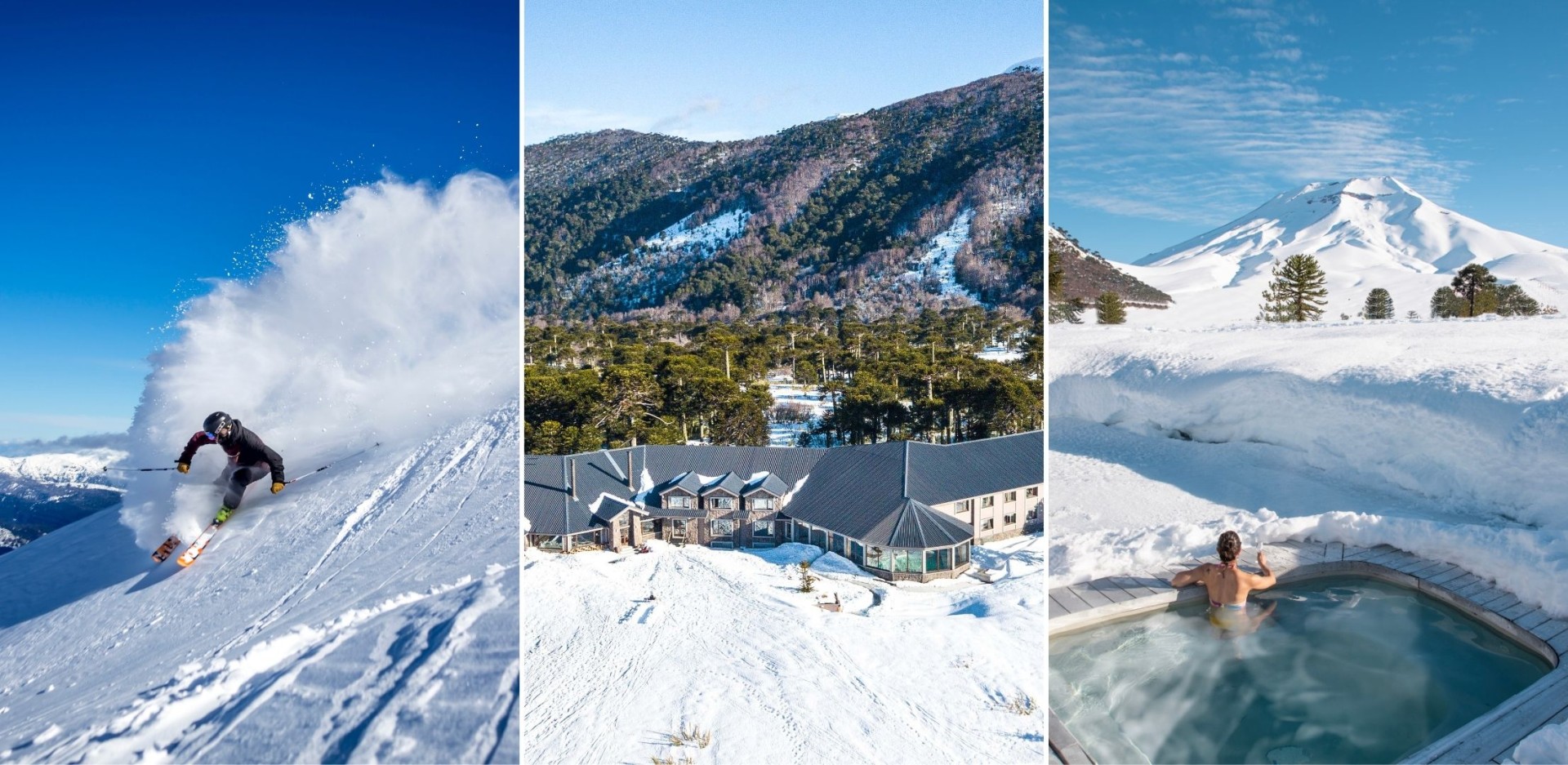 Corralco in Chile - three pictures of people skiing down a mountain.